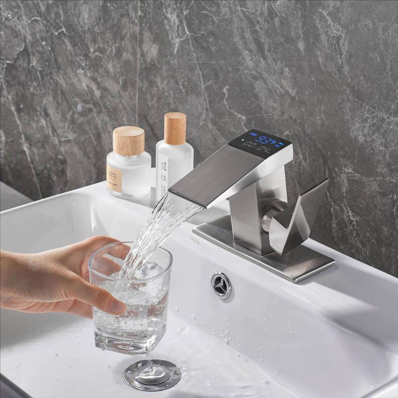 Bathroom Basin Faucet With Led Digital Display temperatureTaps Basin Deck Mounted Sink Waterfall Mixers