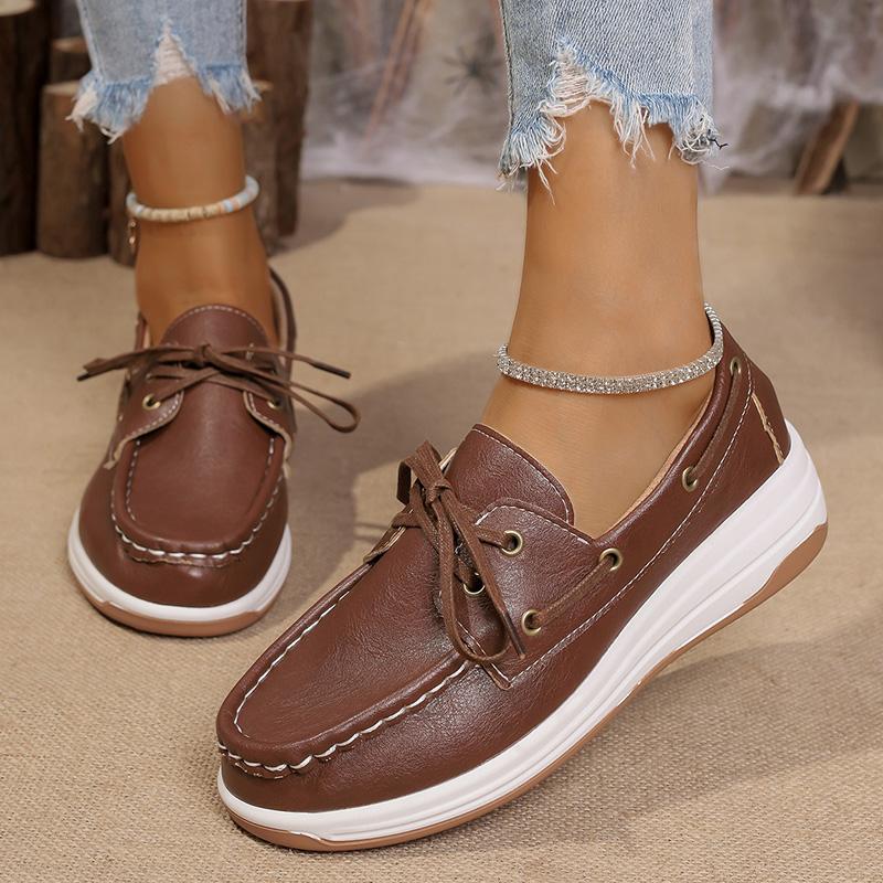 Fashion Women's Vintage Lace Up Platform Loafers Brown PU Leather Casual Shoes Woman Lightweight Comfortable Low Top Sneakers Plus Size