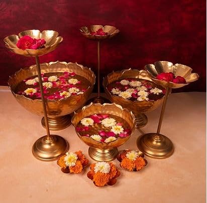 Crown Bowl Hammered Urli Stand with Floating Flower Diya For Home Decor & Festival Decor Urli Show Piece - 9 Pieces Combo
