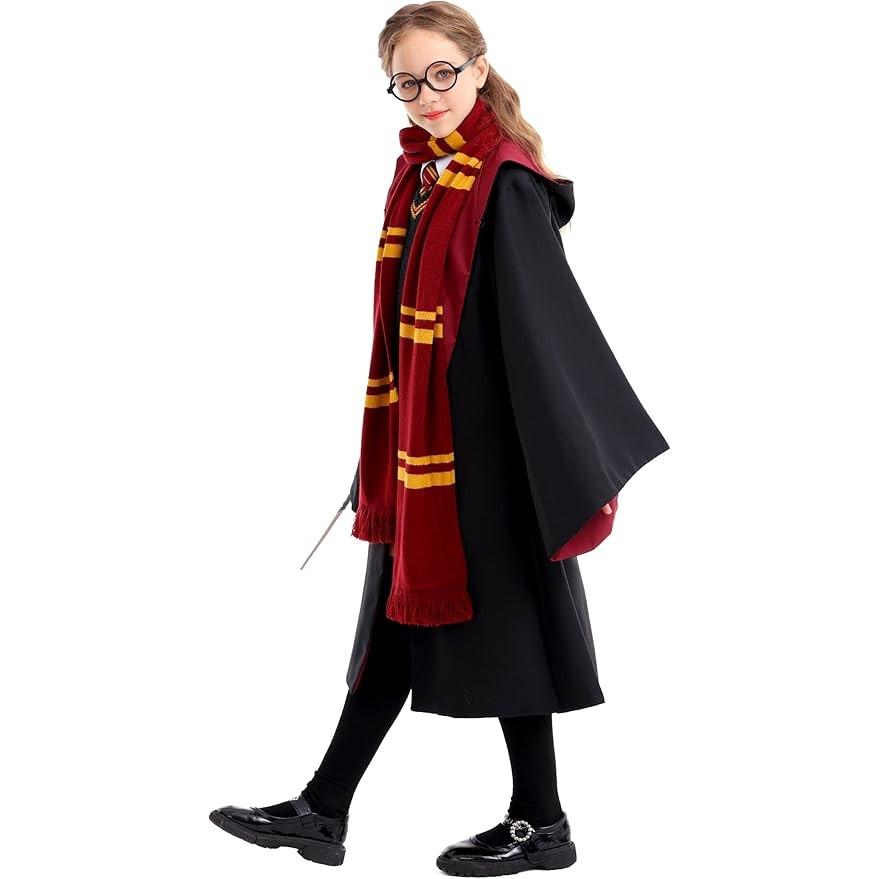Kids Costume Gryffindor Robe Scarf Tie Glasses Magic Wand Set 10-12 Years 155cm Boys Girls Halloween Cosplay Outfit Premium