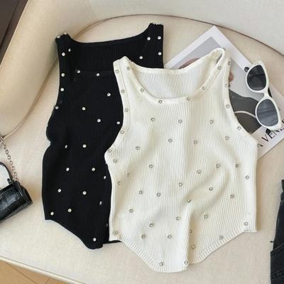 Rhinestone Örgü Atlet Beyaz Bisiklet Yaka Kolsuz Atlet Yaz İçin Kadın Giyim Crop Top Atlet