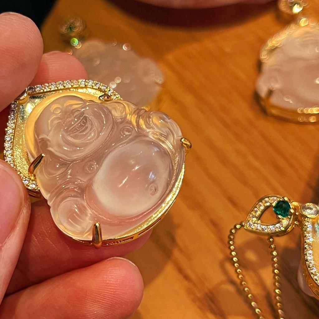 Jade White Ice Light Natural White Chalcedony Pendant Agate Buddha Gong Pendant, Real Shot