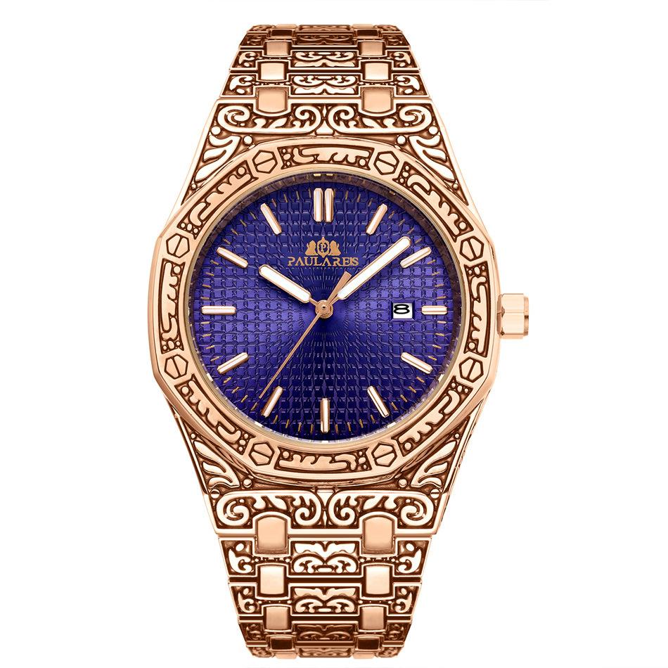 Paulareis Quartz Carved Oak Calendar Men's Luminous Watch