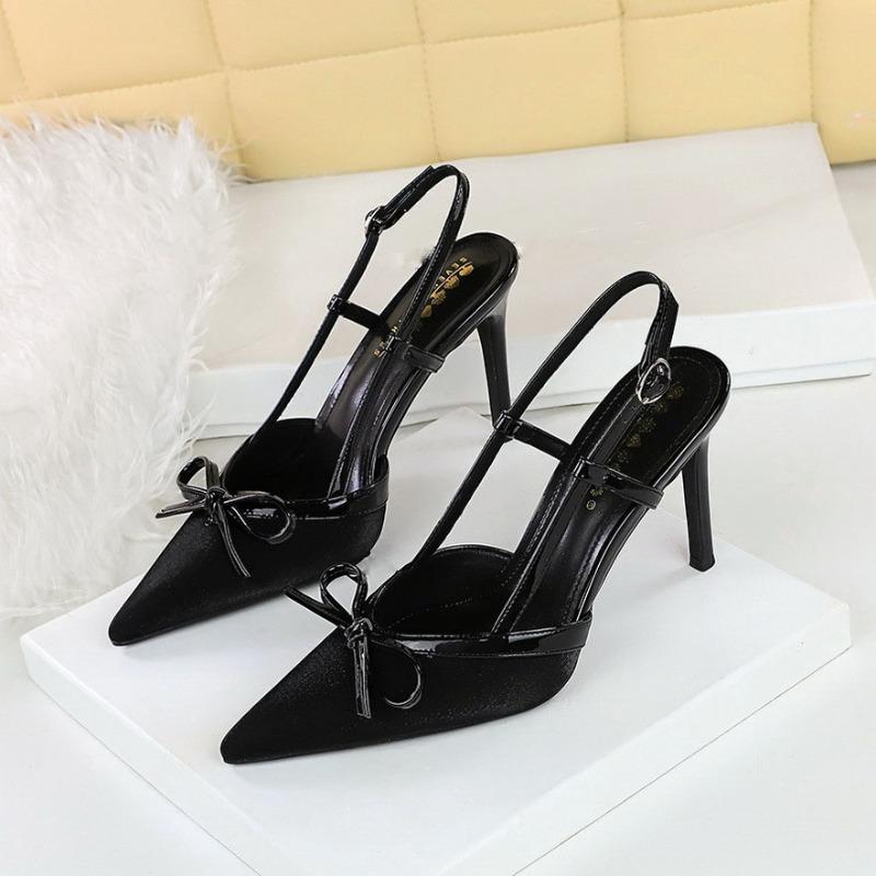 Silk Satin Butterfly Knot Pointed Toe Back One-Strap Sandals High Heels 9CM Elegant Sexy Rubber Sole Shoes Sandalias De Mujer
