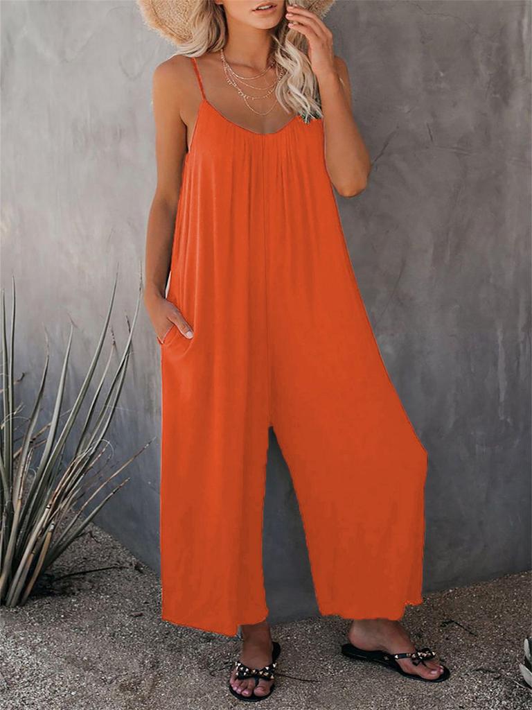 European & American Women's Solid Color Pocket Suspender Jumpsuit