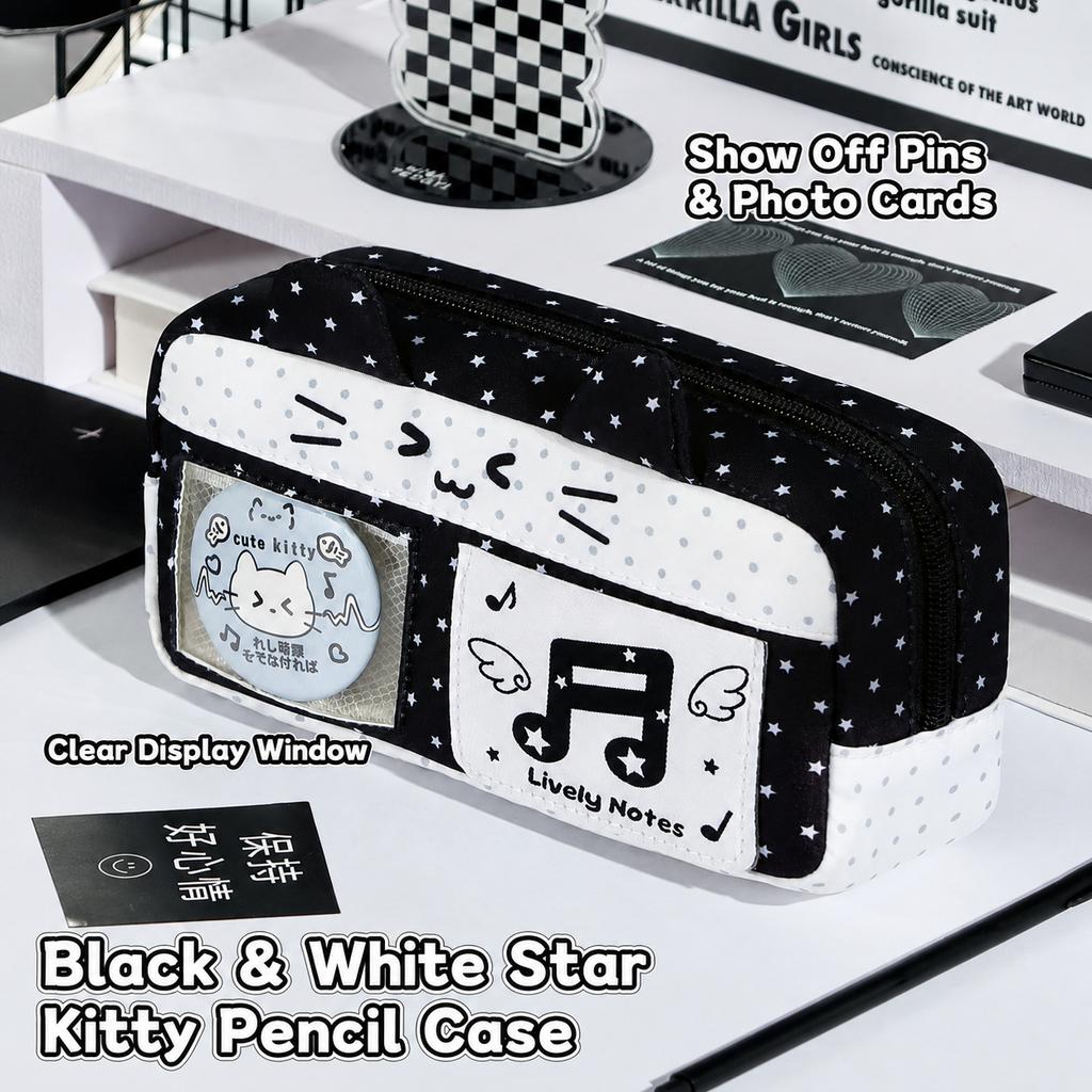 Cute Ear Large Capacity Pencil Case Transparent Window Badge Photocard Storage Bag Multi Compartment Stationery Pouch