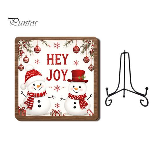 Christmas Hanging Ornament Wooden Tabletop Decor, 2D Pet Santa with Iron Stand, Rustic Festive Home Accents Holiday Sign for And Cafe Shelf,