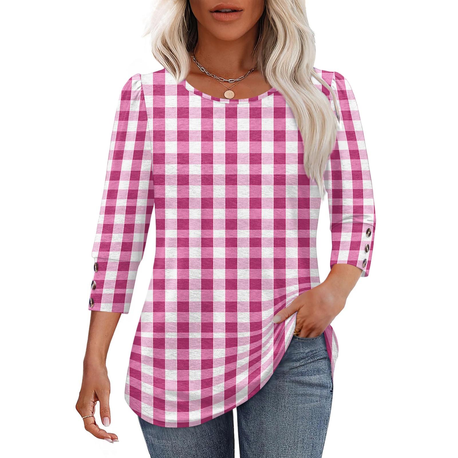 Women Casual Loose Fit Round Neck Three Quarter Sleeve Striped Blouse Button Detail Lightweight Top for Everyday Wear XL киноварь