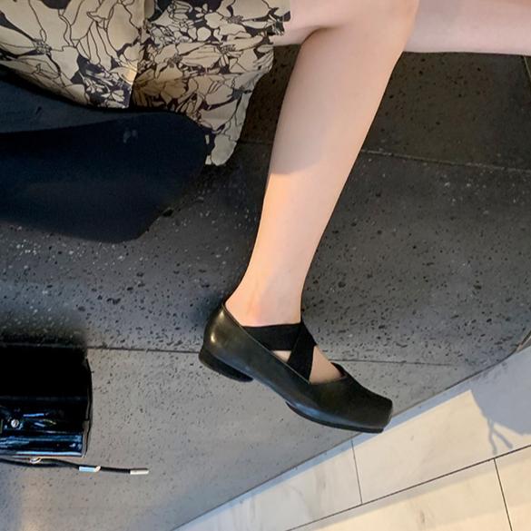 Heels Women Shoes Leather Mary Jane Single Shoes Retro Cross Strap Square Head Comfortable Thick Heel High Heel Ballet Shoes