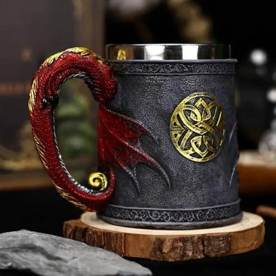 Stainless Steel Beer Mug 600ml Retro Tankard Coffee Cup Tea Tumbler Medieval Dragon Resin Mug for Fantasy Lovers