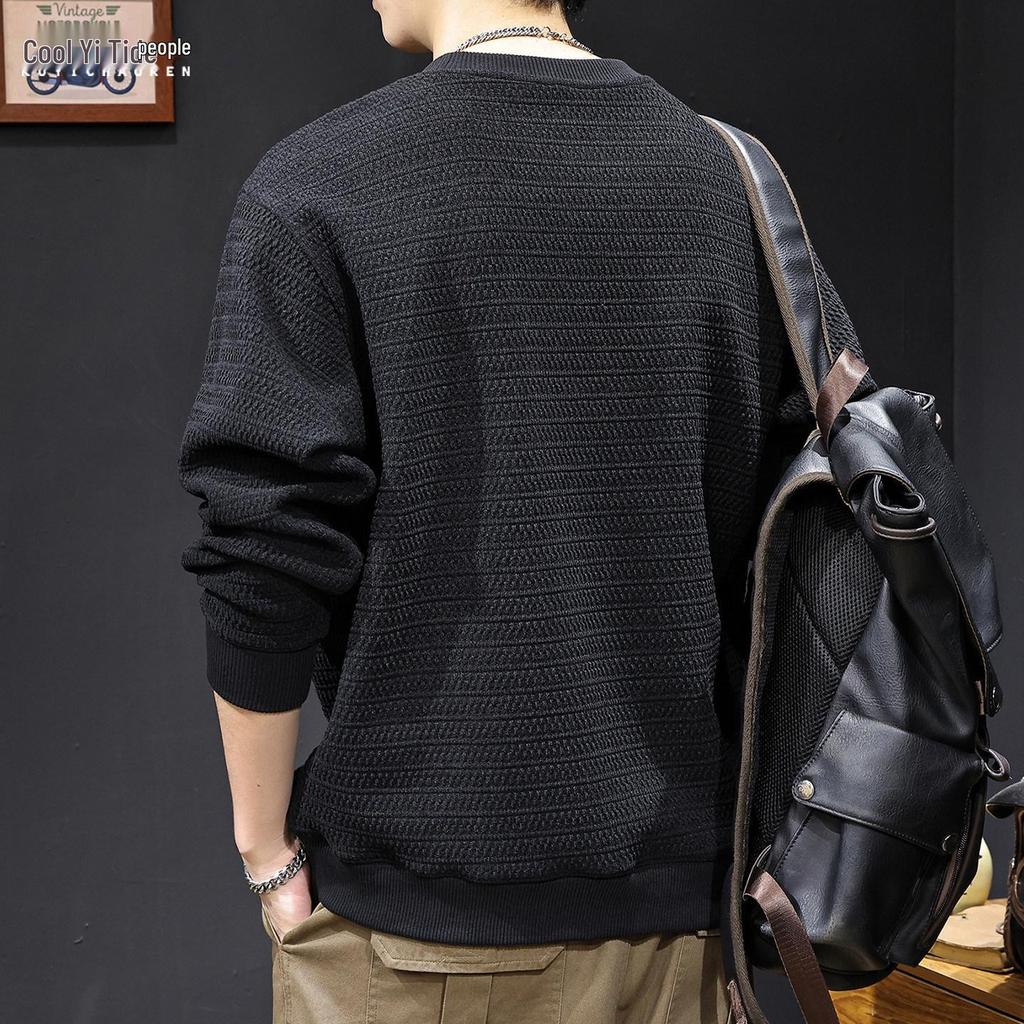 Men's 2025 Trendy Fleece-Lined Round Neck Hoodie for Autumn/Winter - Unique Texture, Long Sleeve
