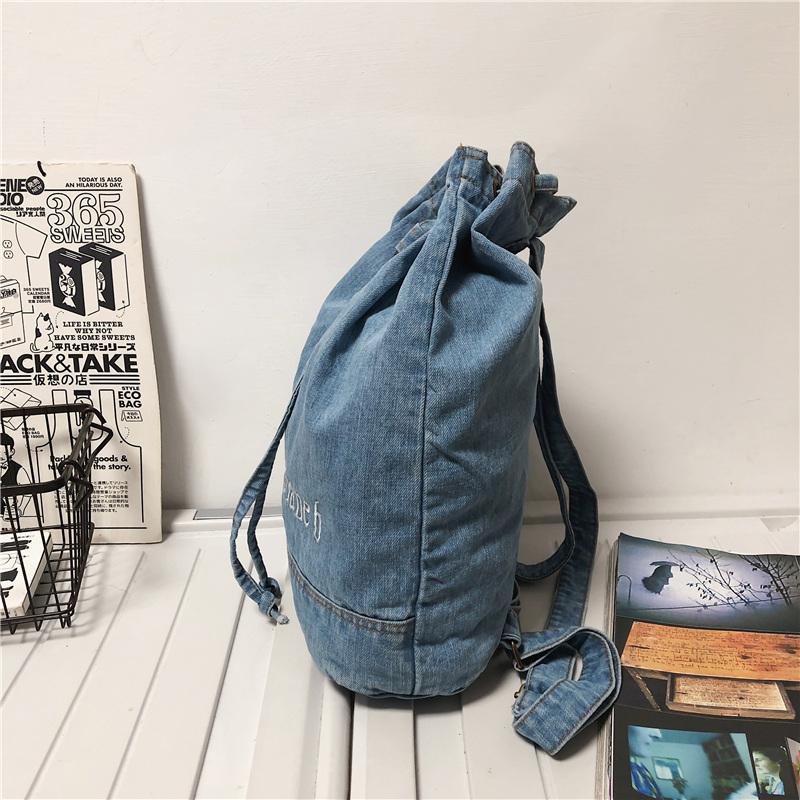 Denim Drawstring Backpack Women's Backpack Letter Embroidery Student Schoolbag