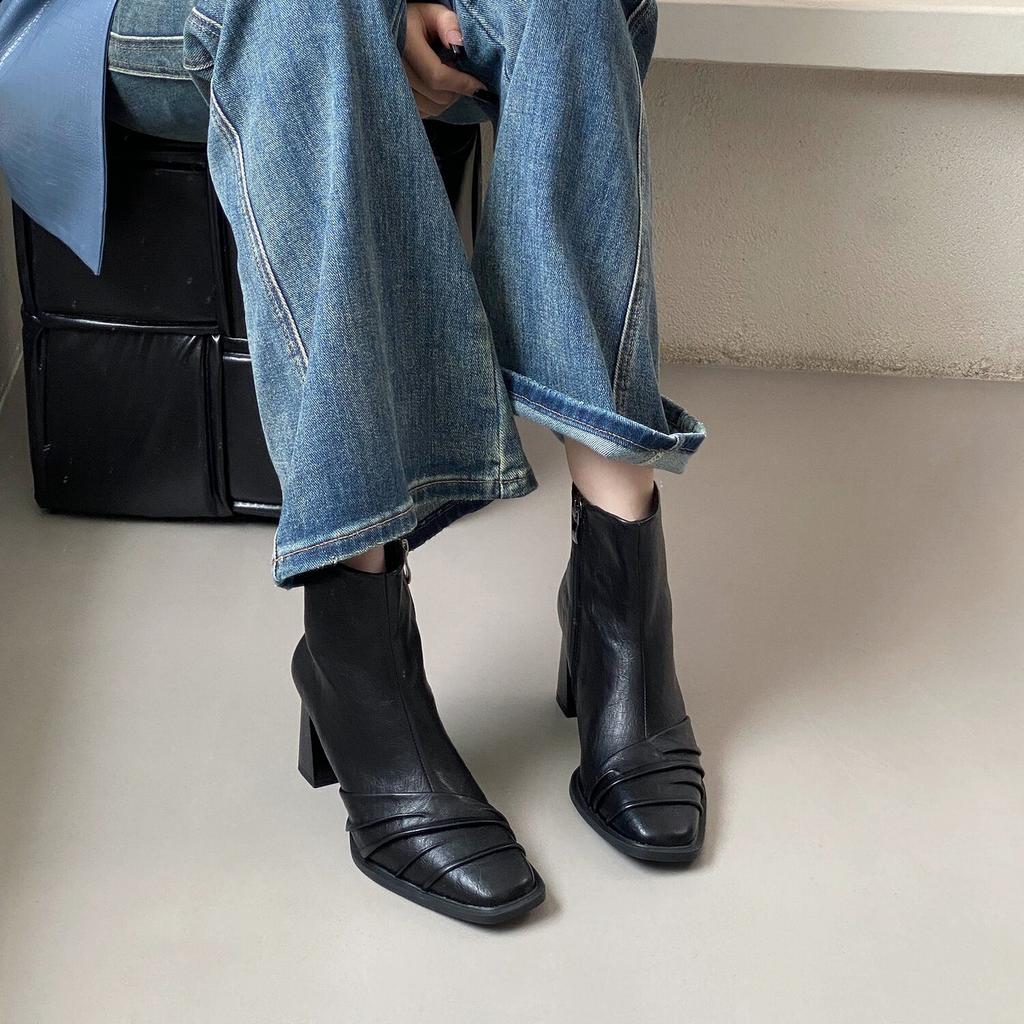 French temperament high heel thin short boots women's shoes new autumn black single boots thick heel small naked boots