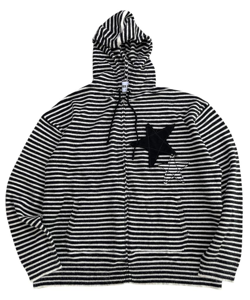 SK8ER ROCK Double Stars Stripe Knit Hood Zip-Up ((Black))