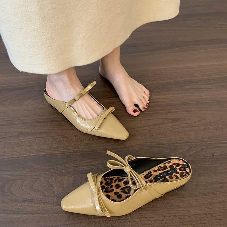 Trendy brand French bow Mary Jane half slippers women's shoes increase height spring and summer new bag head cool slippers single shoes women