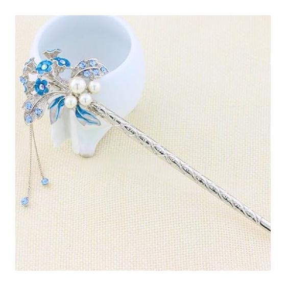 Miaomyao Hairpin, Japanese Traditional Hair Accessory for Kimono, Yukata, Formal Wear, Metal with Pearls and Rhinestones, Antique Flower Bouquet