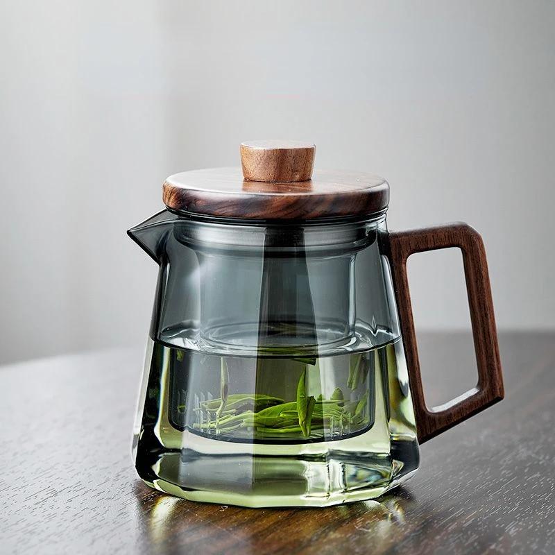 500/800ml Thickened and Heat-resistant Glass Teapot Brewing Tea Set with Wooden Lid Tea Strainer