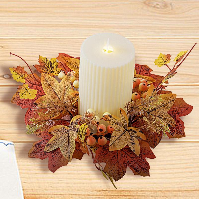Fall Candle Ring 9.8Inch Maple Leaves Harvest Day Wreath Ring Holder Small Wreath Pillar Candle Holder for Home Party Decoration