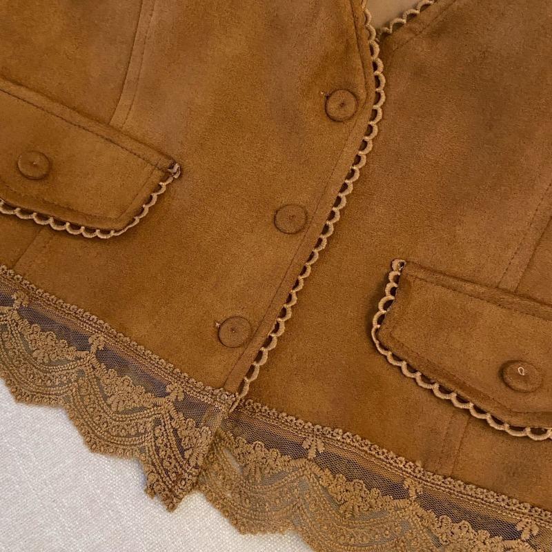 Women Lace Patchwork Suede Vest Casual Loose Fit Bohemian Cardigan