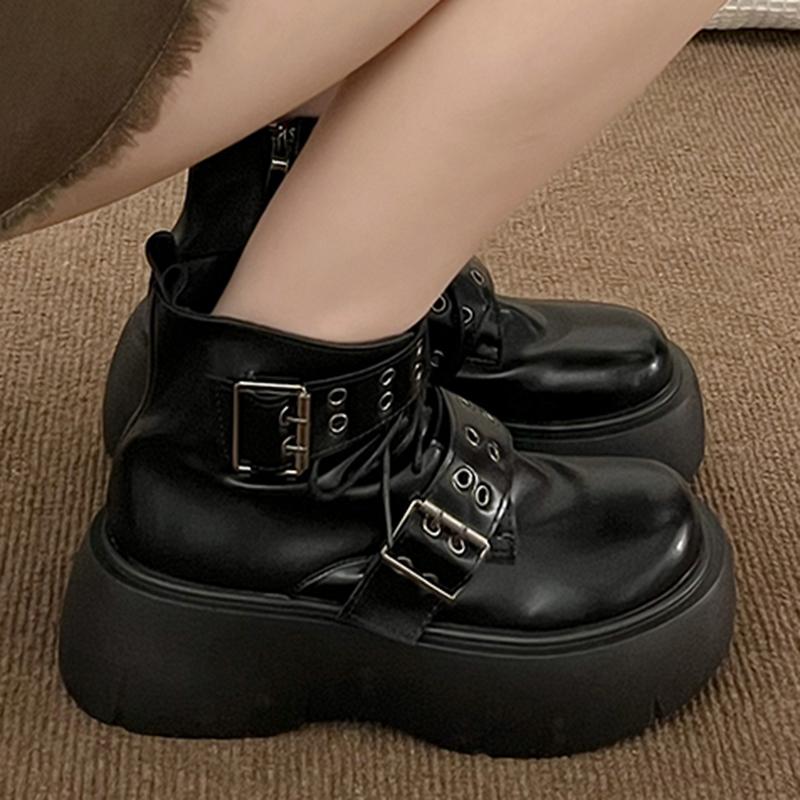 

Женские панк ботильоны на платформе с пряжками, мотоциклетные ботинки на шнуровке, туфли на блочном каблуке, женская повседневная трендовая уличная обувь 35-39 39 чёрный