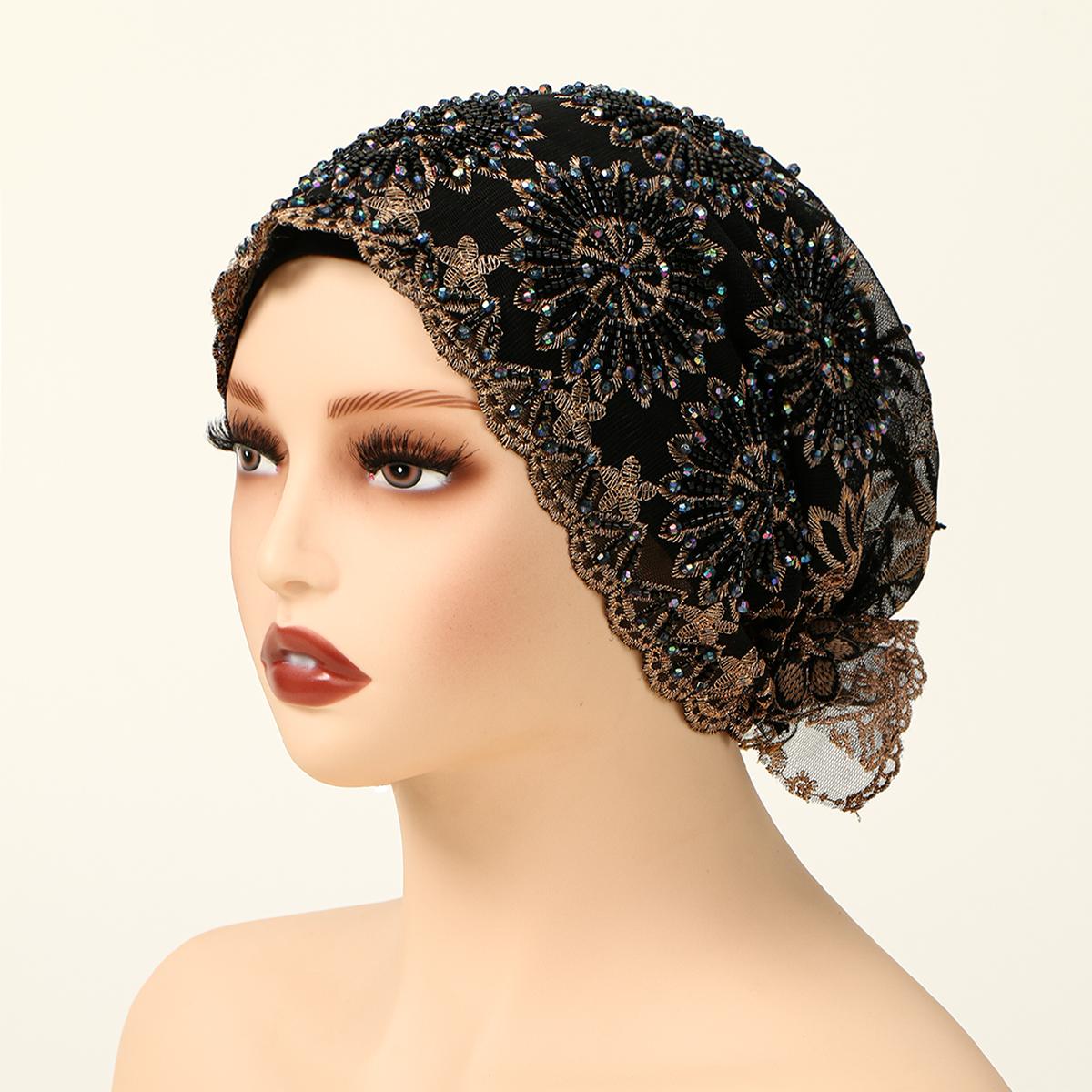 

Fashion Luxury Muslim Pearl Lace Inner Cap Elastic Islamic Headwear for Women Elegant Prayer Cap Decorative Head Cover