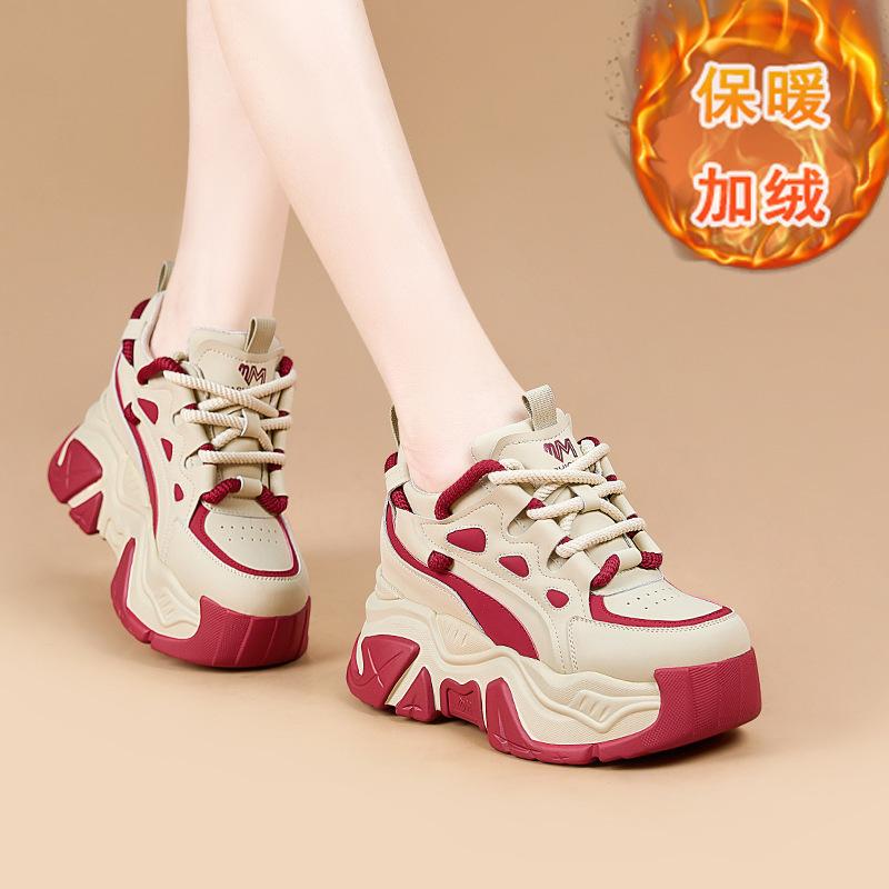 Thick-soled Heightening Dad Shoes Women's 2025 Autumn and Winter New Color Matching Casual Sports Shoes Small Velvet Muffin Women's Shoes