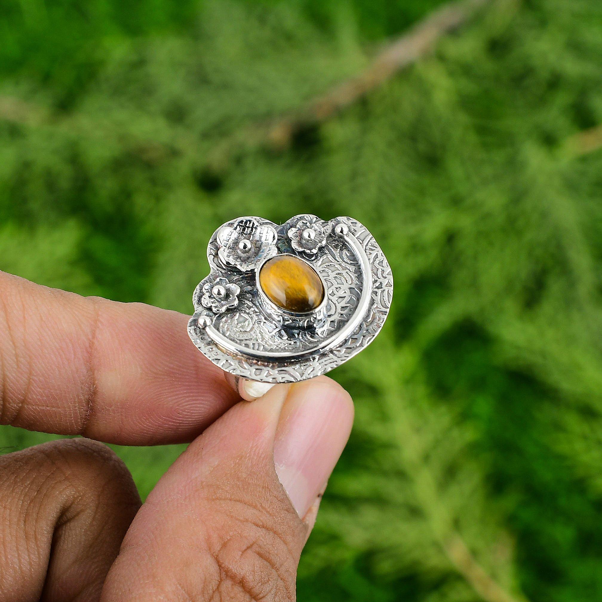 

Sterling Silver Natural Tigers Eye Mother Flower Statement Bezel Ring Jewelry Adjustable