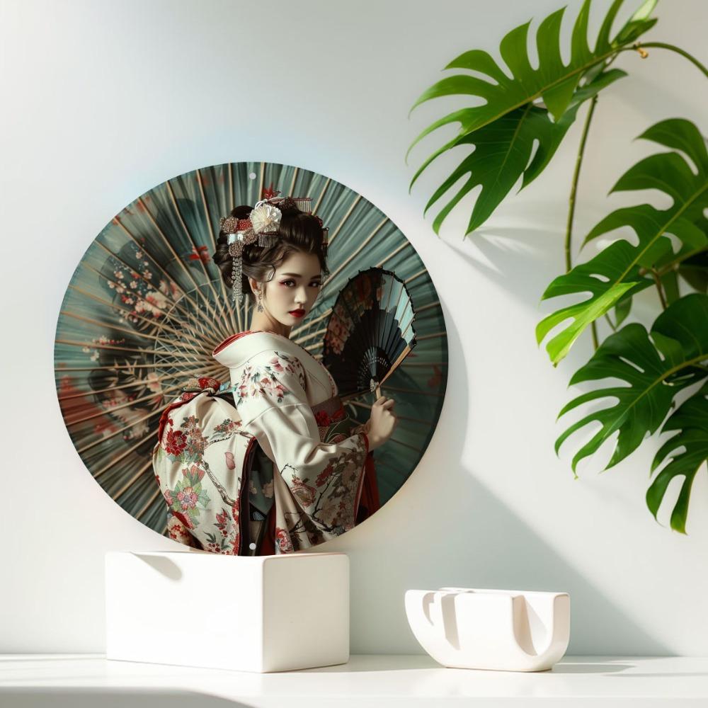 "Timeless Elegance" Charming Kimono Woman & Umbrella Round Wooden Wall Art - Perfect for Home, Office Decor & Gifts
