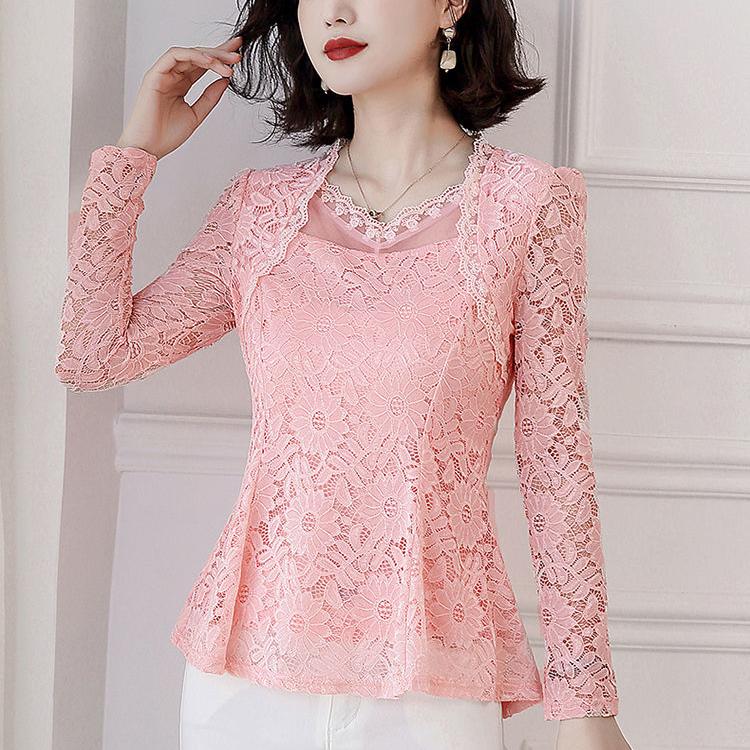 Bluză din dantelă Îmbrăcăminte pentru femei Negru Topuri noi Femei Elegantă cu mânecă lungă Cămașă albă cu decolteu în V