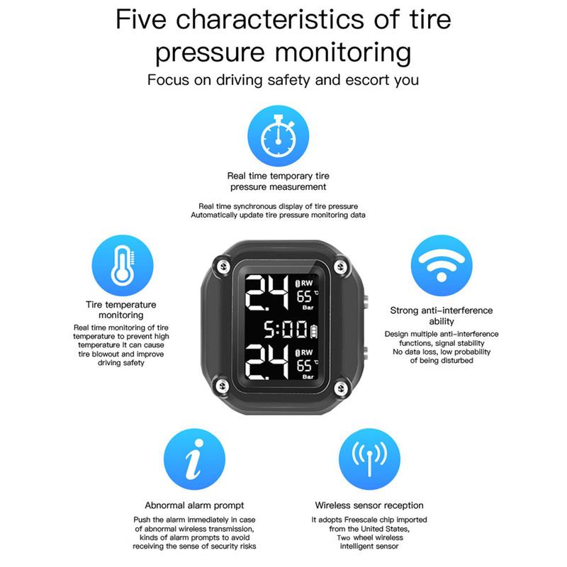 Motorcycle Wireless Tire Pressure Monitoring System USB Charging TPMS for Motorcycle with 2 External Sensors