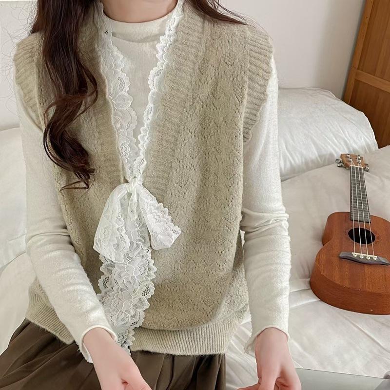 Women's Knitted Vest V-neck Lace Bow Korean Style Spring and Autumn Sweater Vest
