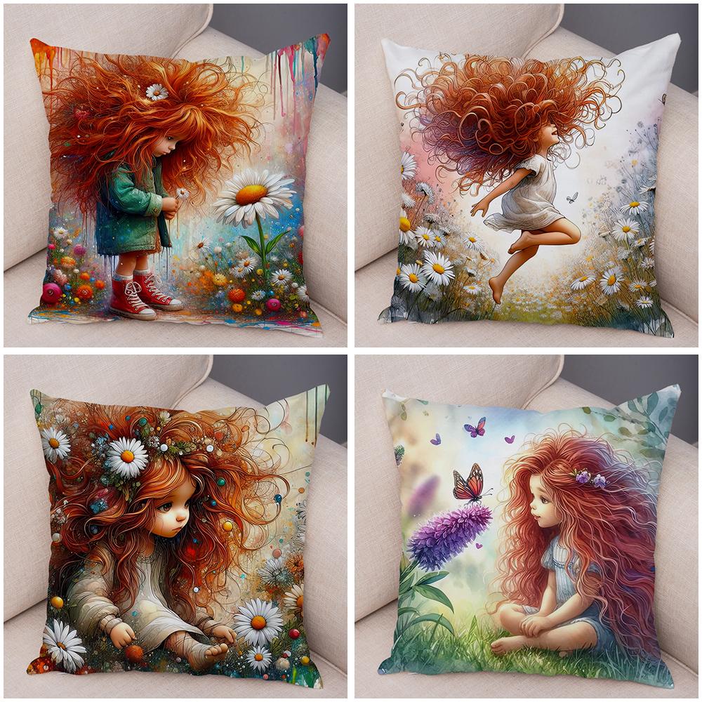 Double Print Cute Cartoon Explosive Hairstyle Cushion Cover Pillowcase Decor for Sofa Home  Super Soft Plush Pillow Case