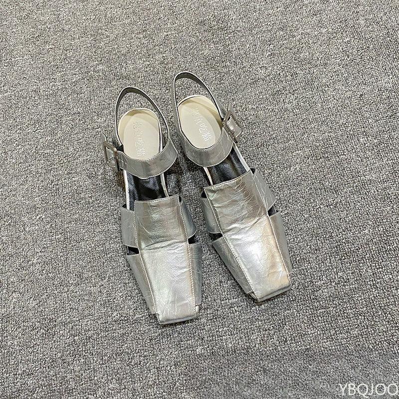 2025 new Summer Hollow Out Women Sandals Fashionable versatile Silver Chunky Pumps Luxury Design Buckle Strap Slingback Shoes
