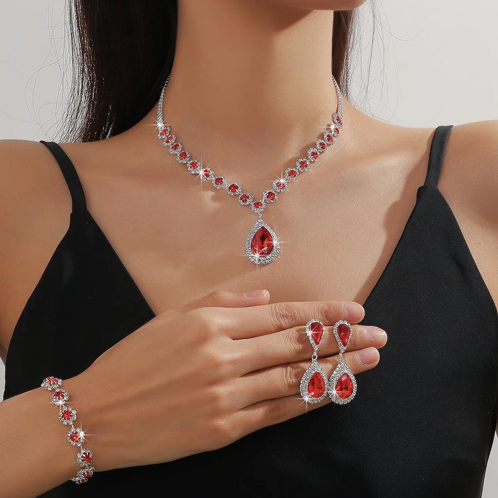 FYUAN Exquisites Rot Blau Grün Schwarz Halskette Ohrringe Armband Wassertropfen Kristallohrringe für Hochzeit Zirkon Sets