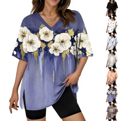 Women's Summer Casual Tops  Print Large Size T-shirts V-neck Short-sleeved Shirts Casual Loose Tops