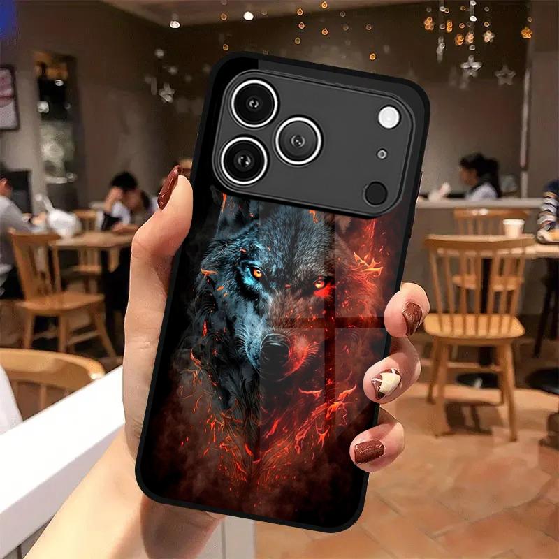 Ice Fire Wolf Pattern 2D Phone Case for iPhone 17 16 15 14 13 12 11 X XR XS Max Pro 8 plus - Glass Protective Cover