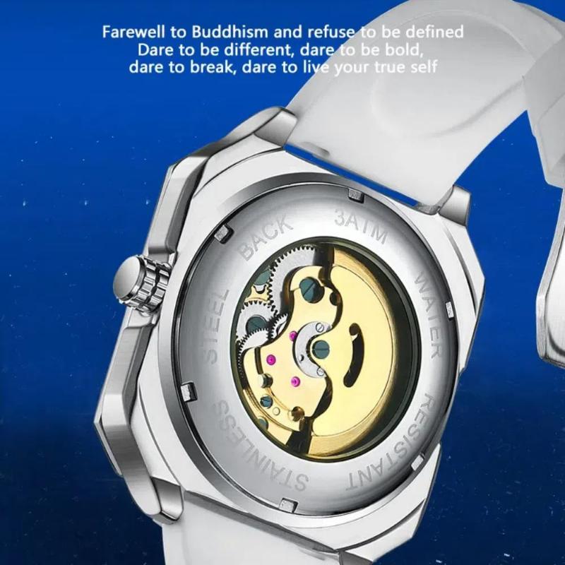 BINBOND Transparent Waterproof Luminous Watches Trendy Hollowed Out Square Men Watch Skeleton Tourbillon Fully Automatic Mechanical Wristwatch