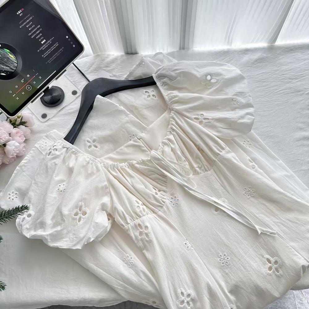 Square collar bubble sleeve dress women's summer leisure temperament gentle wind vacation hollow long skirt