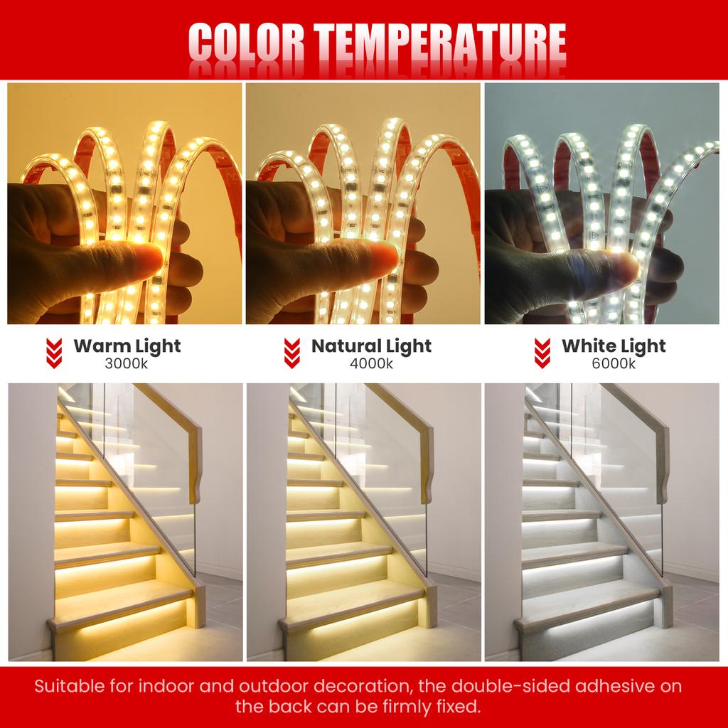 AC220V LED Strip Lights EU UK Plug SMD2835 120LEDs/m Waterproof Lamp With Adhesive Tape Warm/Natural/Cool White Red Blue Yellow