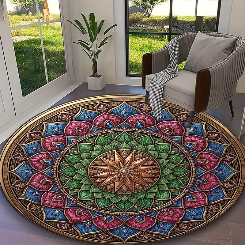 1pc Golden Teal Intricate Mandala Printed Chair Rug for Home Office Use, Living Room Kitchen Game Room Round Carpet