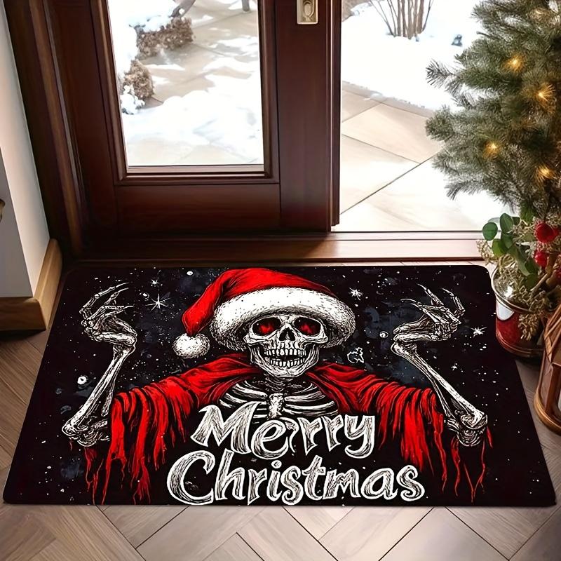 Gothic Christmas Floor Rug Spooky Skeleton Wearing Santa Hat Dark Style Merry Christmas Slogan Decor Area Rug for Porch Ornament