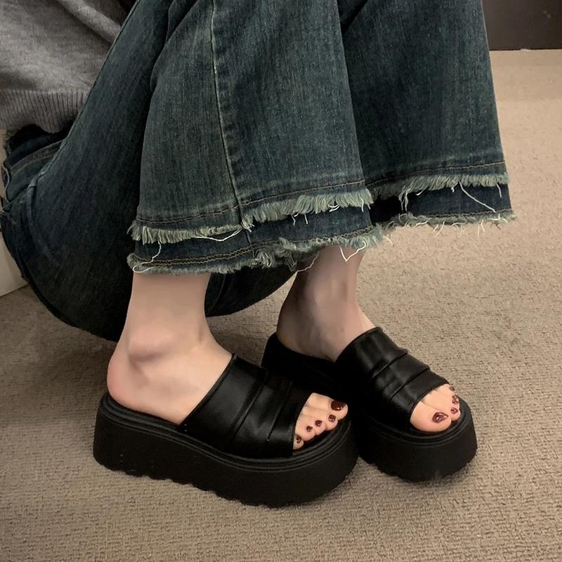 Fashion 2025Summer Women Platform Thick Bottom Slippers Open Toe Slide Ladies Casual Beach Vacation Sandalias