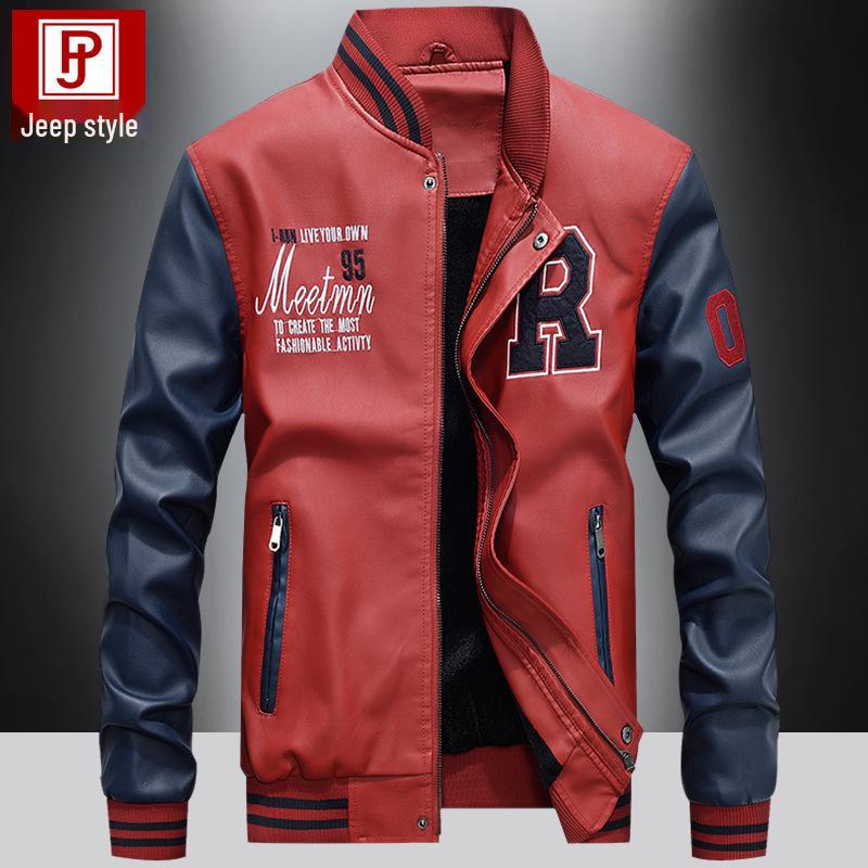 Chaqueta de Cuero para Motociclista con Forro de Terciopelo Otoño/Invierno 2026 para Hombre - Estilo Béisbol Bordado Juvenil de Moda