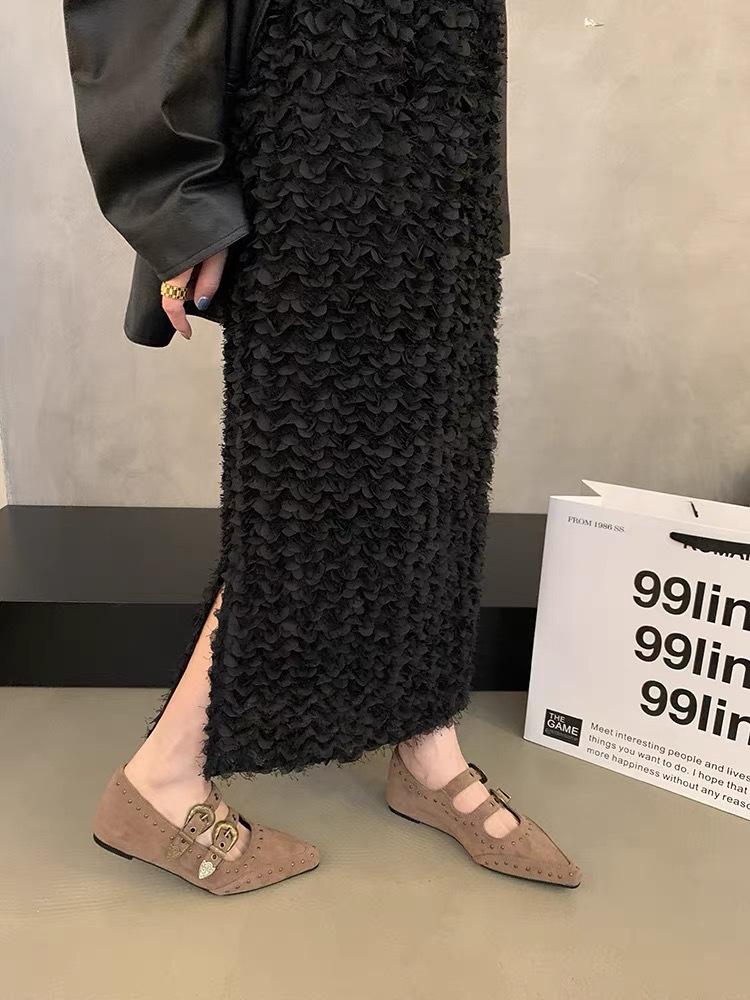 Retro Pointed Head Shallow Mouth Inner Height Increase Mary Jane Single Shoes Women's 2025 Autumn Models Rivet Belt Buckle Suede Flat Shoes