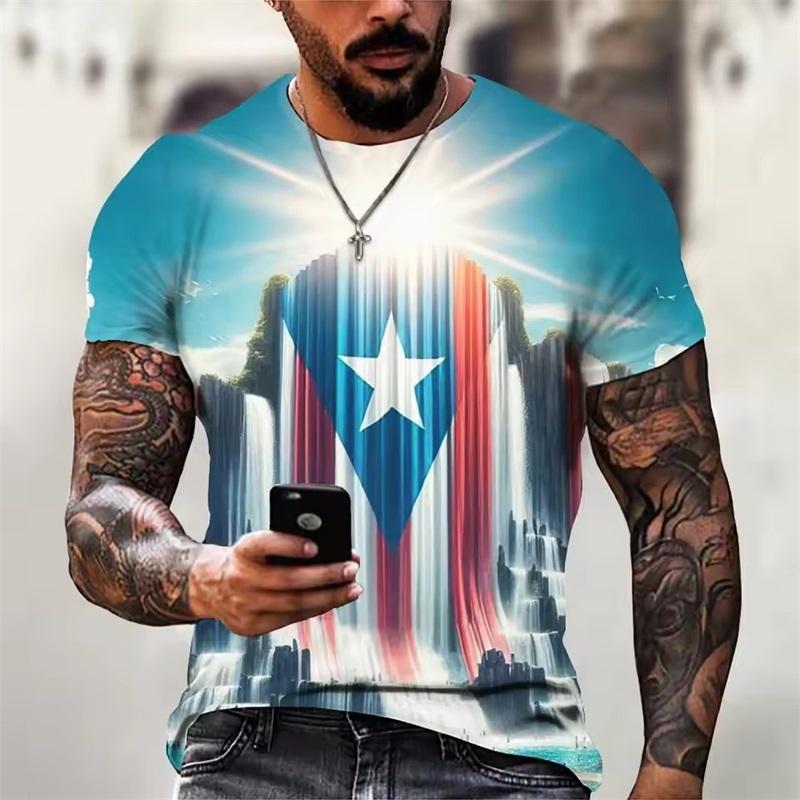 Summer Round Neck Puerto Rico Flag Pattern 3D Print Top Fashionable Casual Short Sleeved Men's T-shirts