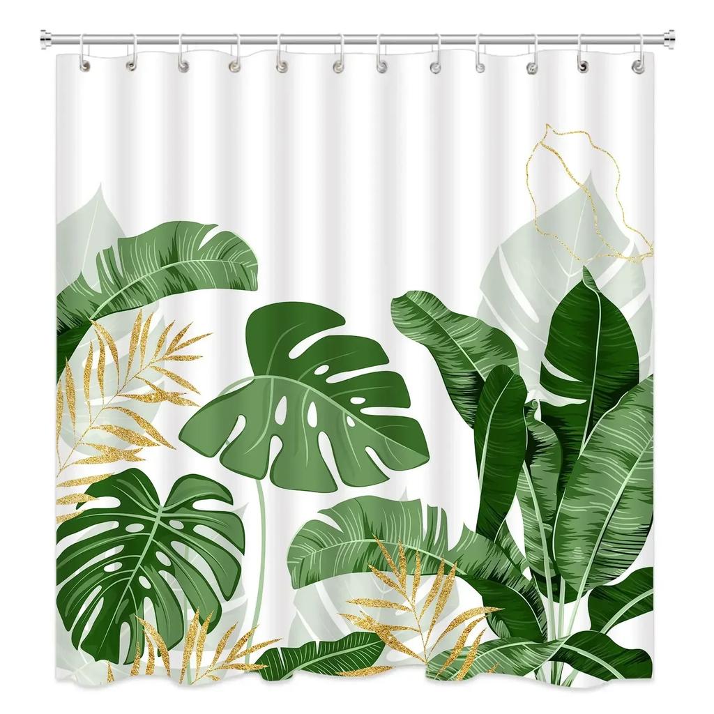 Green Hawaii Tropical Shower Curtain Green Gold Tropical Leaves Plant Fabric Bathroom Curtain Botanical Jungle Bath Curtain Set