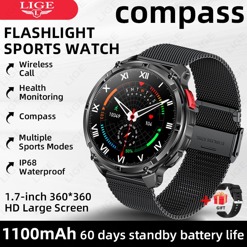 New Military Smart Watch 1100mAh Battery Compass LED Flashlight Men Outdoor Sport Watches Bluetooth Call 1.7" HD Smartwatch