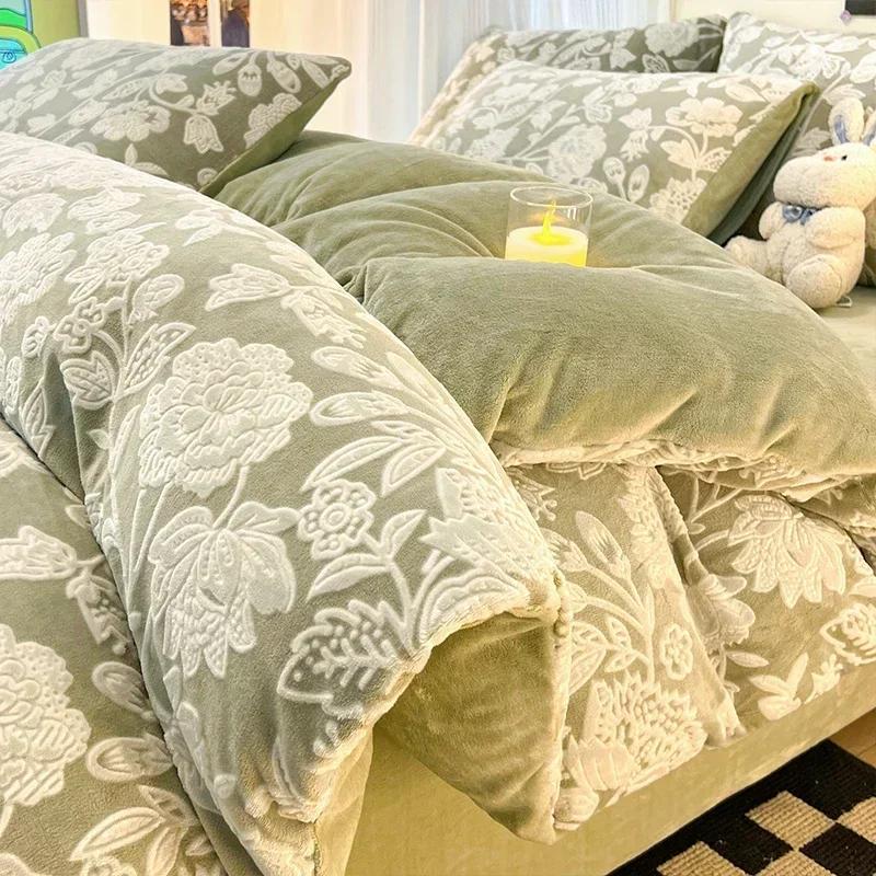 Winter Dickes Bedrucktes Milchsamt Vier-Teile-Set Bequem und Warm Kurzplüsch-Bettbezug 3-teiliges Set Kinderbettlaken