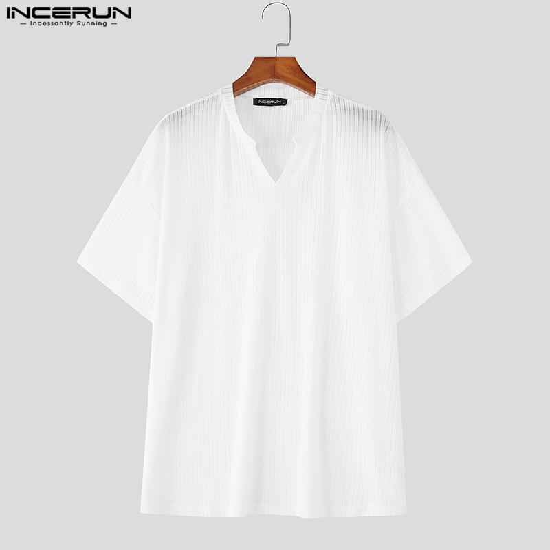 INCERUN Men Short Sleeves Solid Color See Through Casual Loose T-Shirts