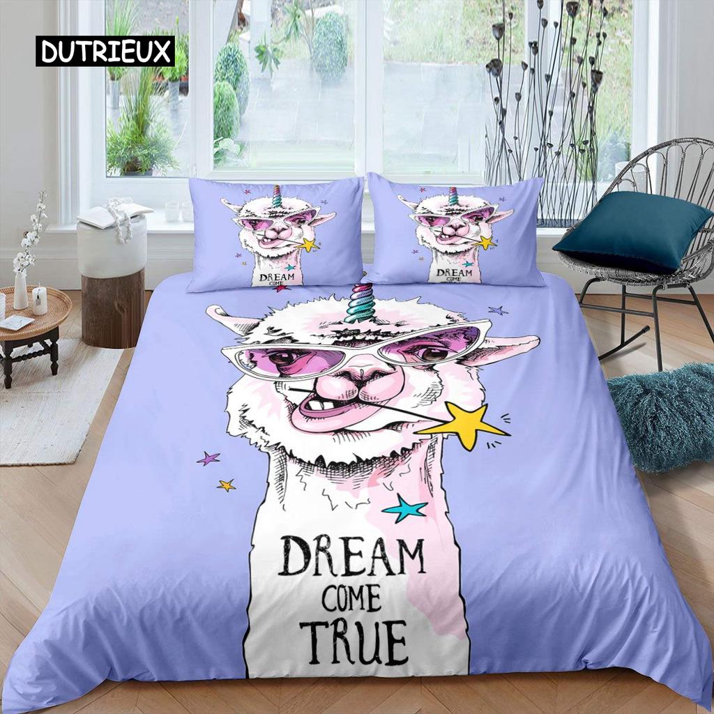 Alpaca Duvet Cover Set Cute Sloth Comforter Cover Cactus Funny Animal Bedding Set Polyester Love Heart Cartoon Style Quilt Cover